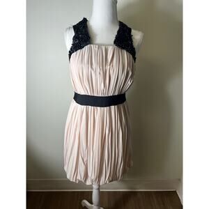 Robert Rodriguez Tan/Blush Pink Black Pleated Knee Length Silk Dress Sz 6